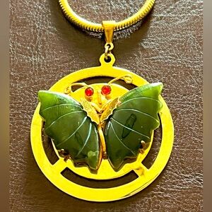 Vintage  Jade Butterfly Pendant Gold Plated Rope Chain 18" Estate‎ Find